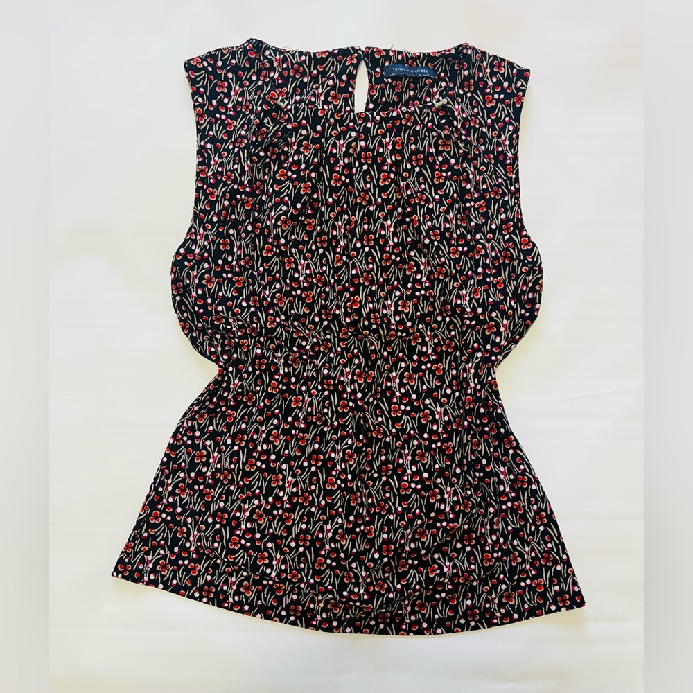 Tommy Hilfiger Black and Red Patterned Blouse with Metal Detail on Collar size S